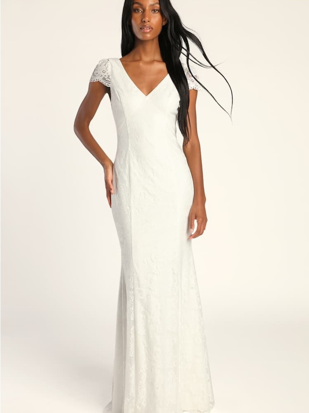 New! Lulu’s Cherish Your Love Lace Cap Sleeve Mermaid Maxi Dress 25489